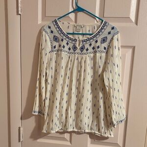 Lucky Brand Cream and Blue Embroidered Blouse